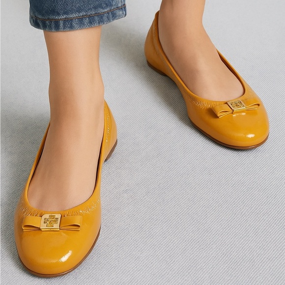 Tory Burch Yellow Leather Flats with Bow - Picture 1 of 10
